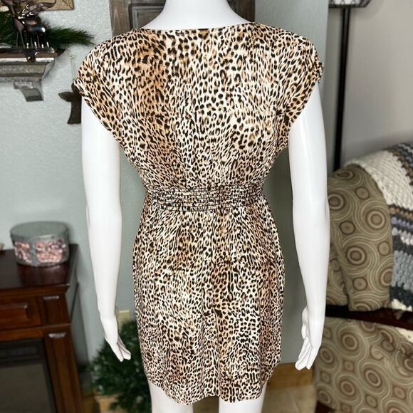 Lily White Dress Leopard Print Smocked Waist Mini Size Medium - Picture 12 of 14
